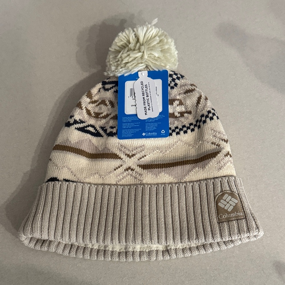 NWT - Columbia Cream and Brown Knit Beanie with Pom